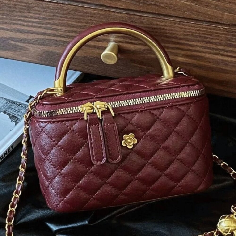 New Mini Burgundy Quilted Box Bag – Purse Handbag w/Gold Zipper & Accents